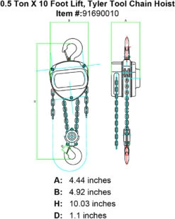 Chain Hoists -E-rigging Store tyler half ton x 10 foot chain hoist specification diagram