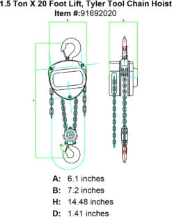Chain Hoists -E-rigging Store tyler one and a half ton x 20 foot chain hoist specification diagram