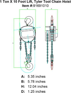 Chain Hoists -E-rigging Store tyler one ton x 10 foot chain hoist specification diagram
