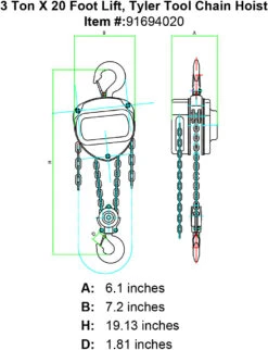 Chain Hoists -E-rigging Store tyler three ton x 20 foot chain hoist specification diagram